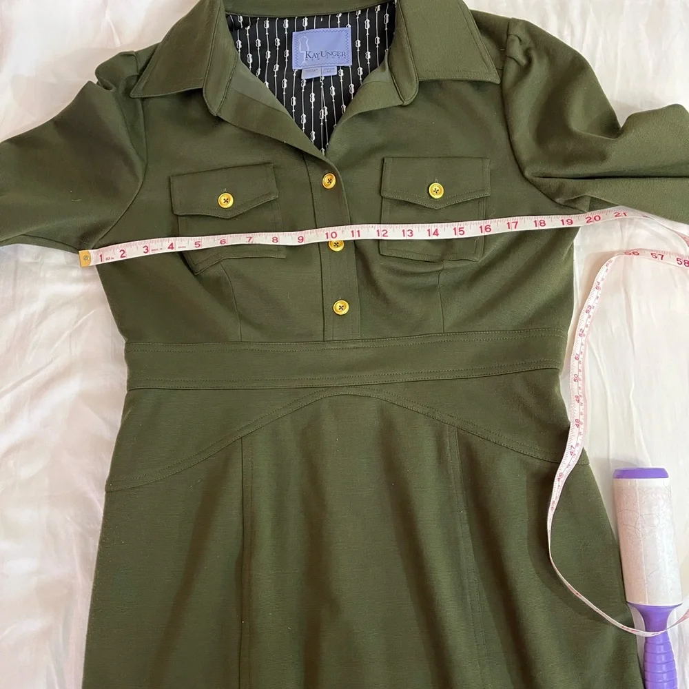 Kay Unger Olive Green Dress Women’s 12 Military Inspired, Office semi-Fitted